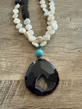 Pearl, Turquoise & Black Geode Pendant Necklace - Women Jewelry